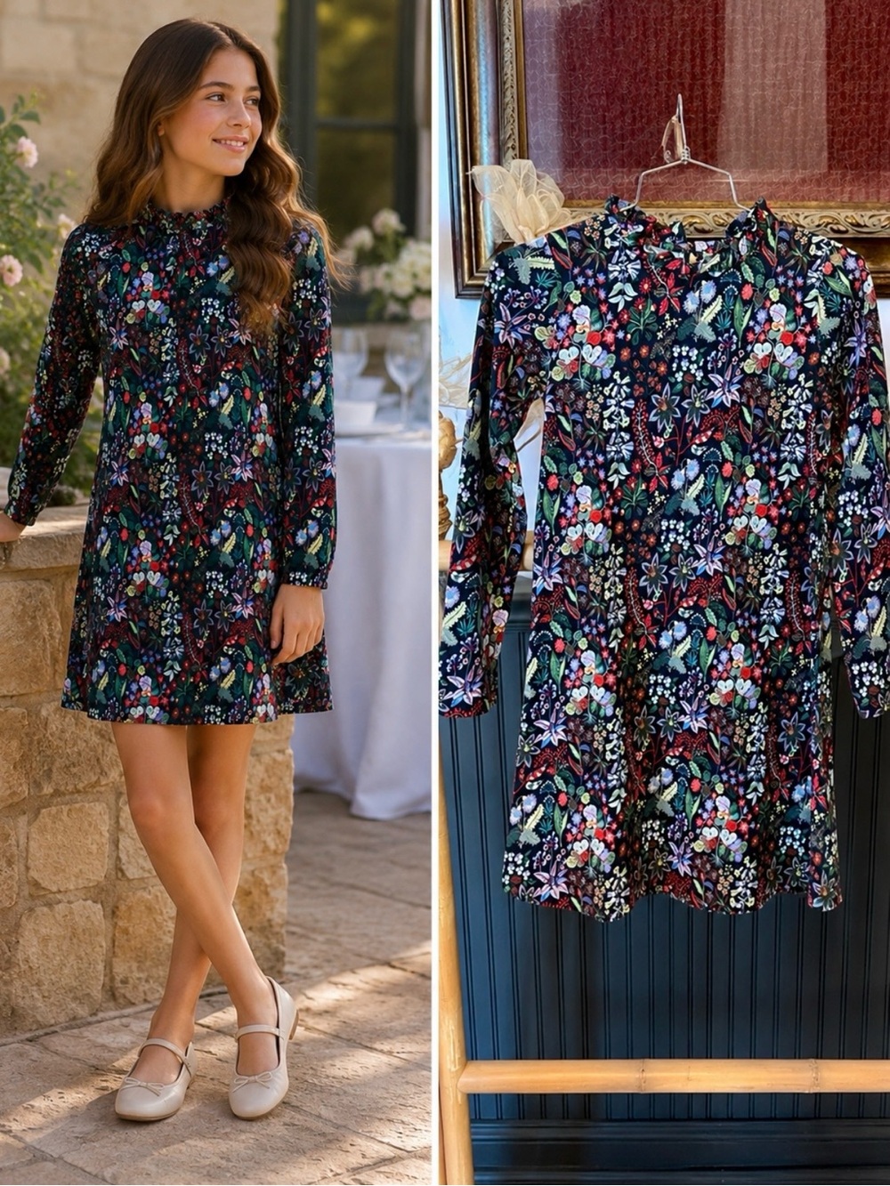 Duffield Lane Janie Floral 100% Cotton Ruffle Neck Long Sleeve Dress~ 12💚🍄